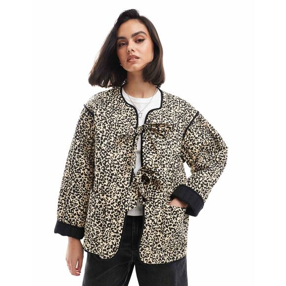 ASOS DESIGN cotton quilted leopard print bowtie tie front jacket Size Large Boxy - Picture 1 of 16